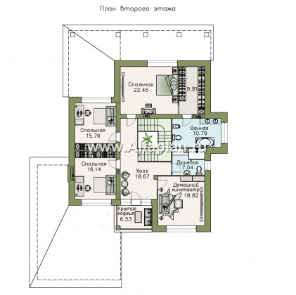 «Орлов» - проект двухэтажного дома из газобетона, с террасой и балконом, планировка с лестницей в центре, с гаражом на 2 авто - превью план дома