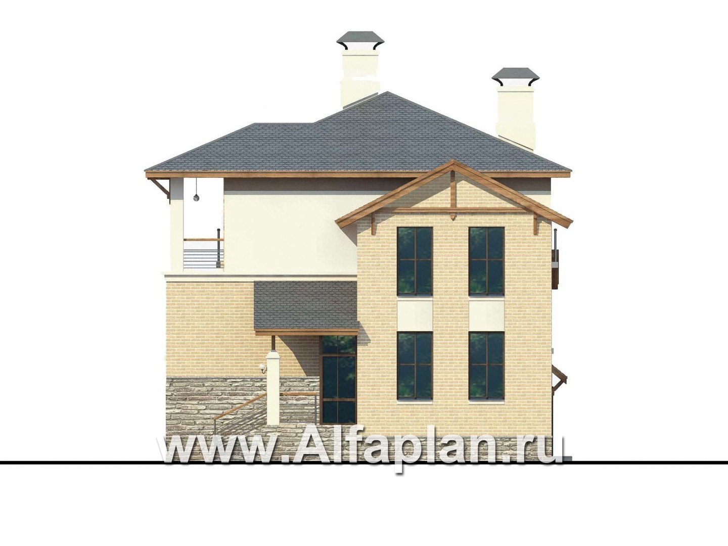 Проекты домов Альфаплан - Проект трехэтажного дома из газобетона «Аура», с гаражом на 2 авто в цоколе, с сауной, в современном стиле - изображение фасада №2