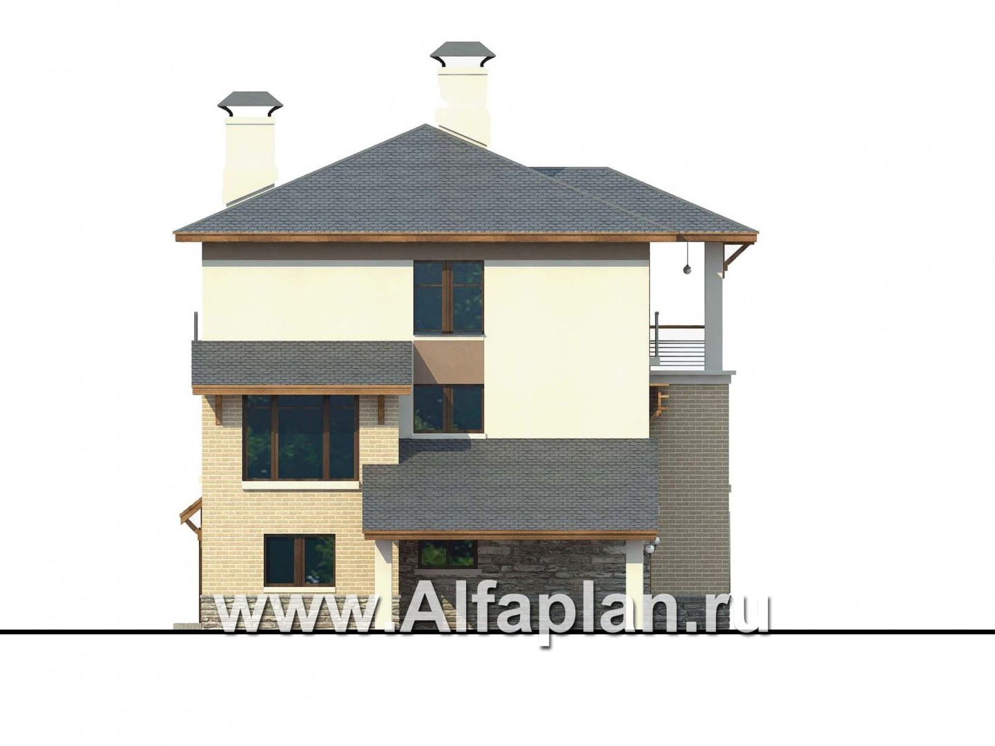 Проекты домов Альфаплан - Проект трехэтажного дома из газобетона «Аура», с гаражом на 2 авто в цоколе, с сауной, в современном стиле - изображение фасада №3