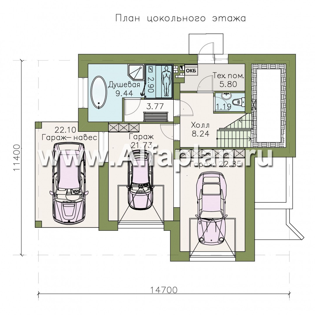 Проекты домов Альфаплан - Проект трехэтажного дома из газобетона «Аура», с гаражом на 2 авто в цоколе, с сауной, в современном стиле - изображение плана проекта №1
