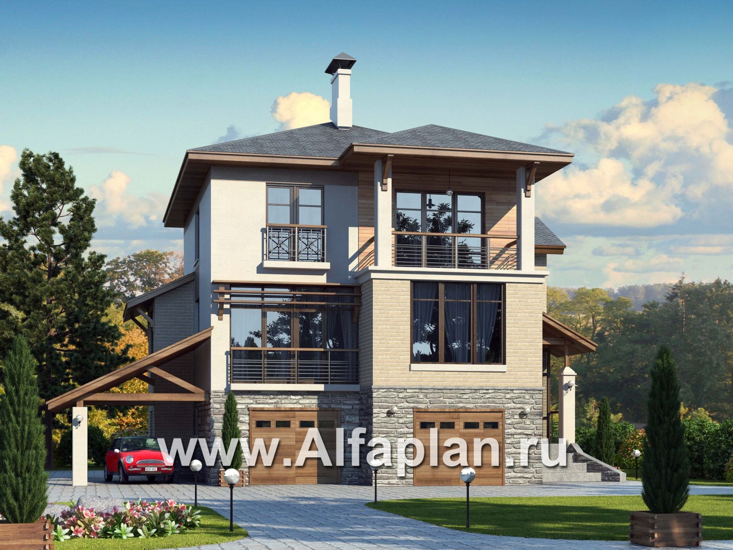 Проекты домов Альфаплан - Проект трехэтажного дома из газобетона «Аура», с гаражом на 2 авто в цоколе, с сауной, в современном стиле - основное изображение
