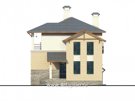 Проекты домов Альфаплан - Проект трехэтажного дома из газобетона «Аура», с гаражом на 2 авто в цоколе, с сауной, в современном стиле - превью фасада №2
