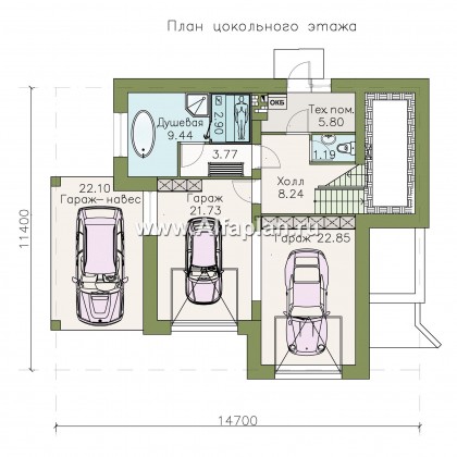 Проекты домов Альфаплан - Проект трехэтажного дома из газобетона «Аура», с гаражом на 2 авто в цоколе, с сауной, в современном стиле - превью плана проекта №1