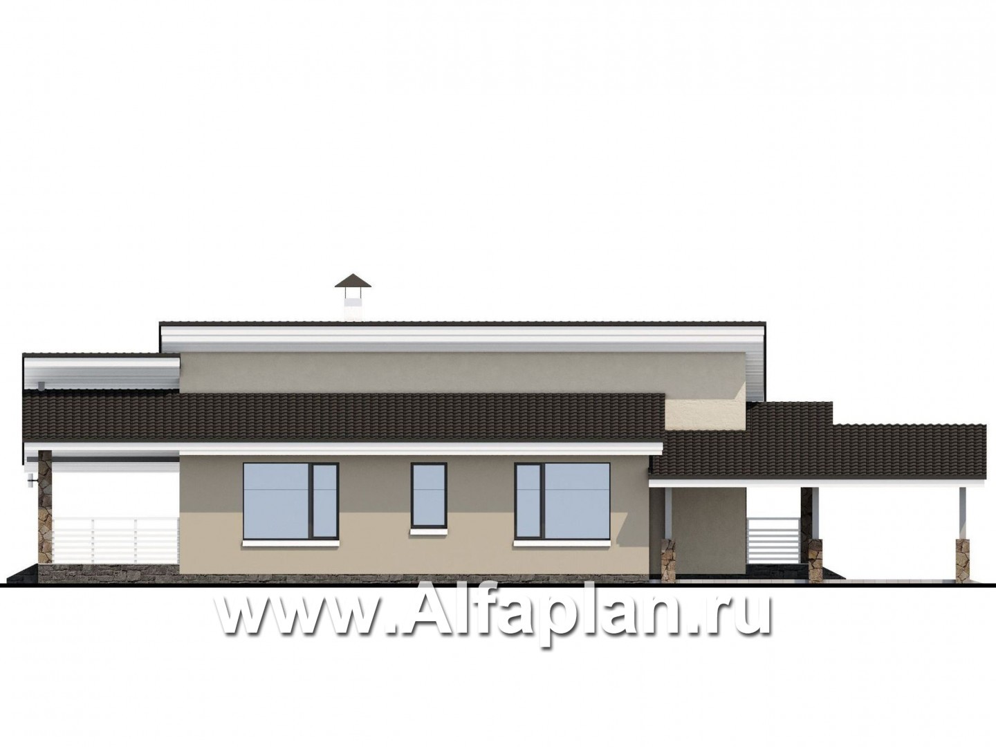 Проекты домов Альфаплан - «Дриада» - одноэтажный дом с гаражом-навесом - изображение фасада №3