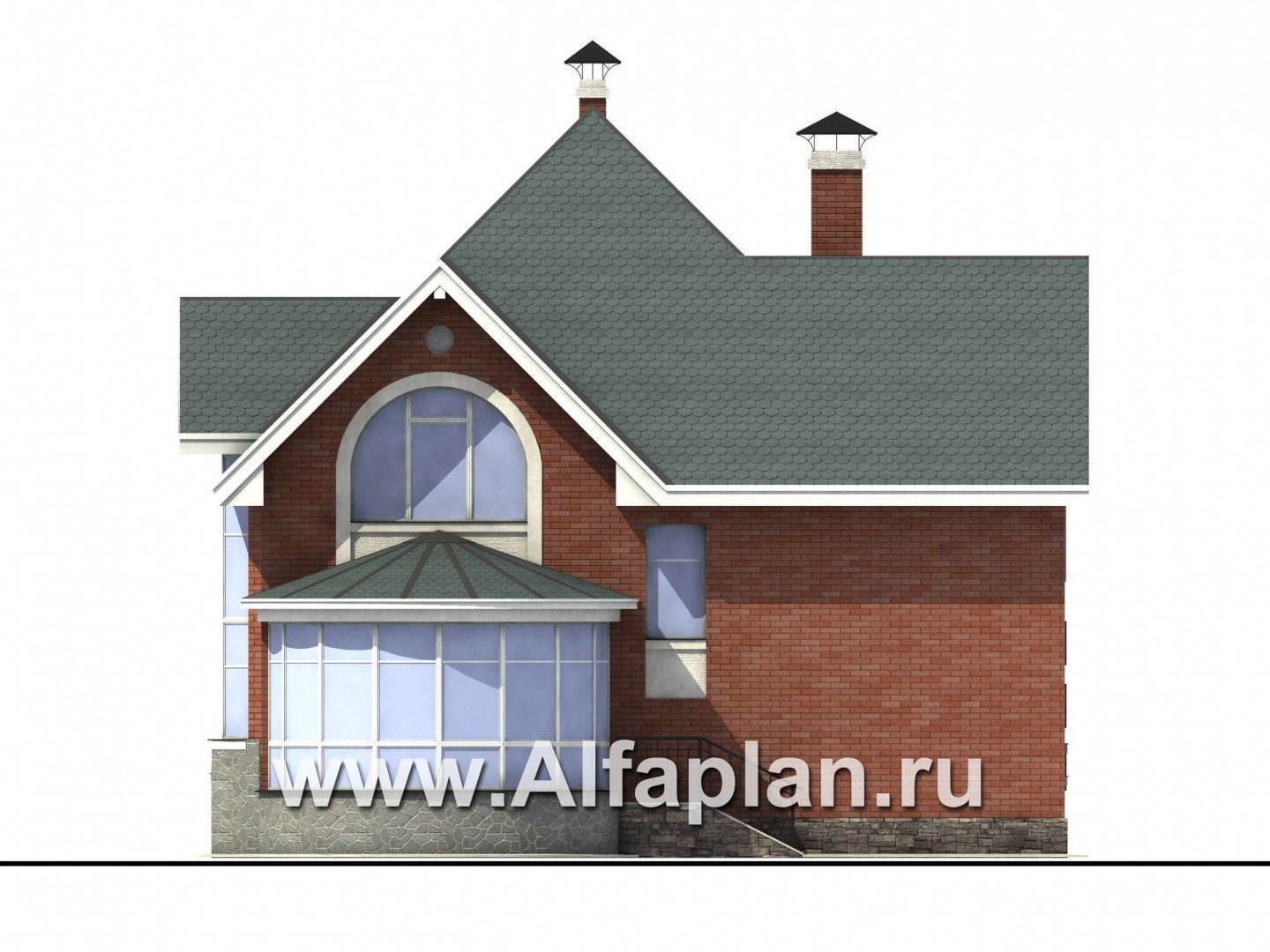 «Романтика» -  проект дома с мансардой, с  полукруглой верандой, второй свет в столовой - фасад дома