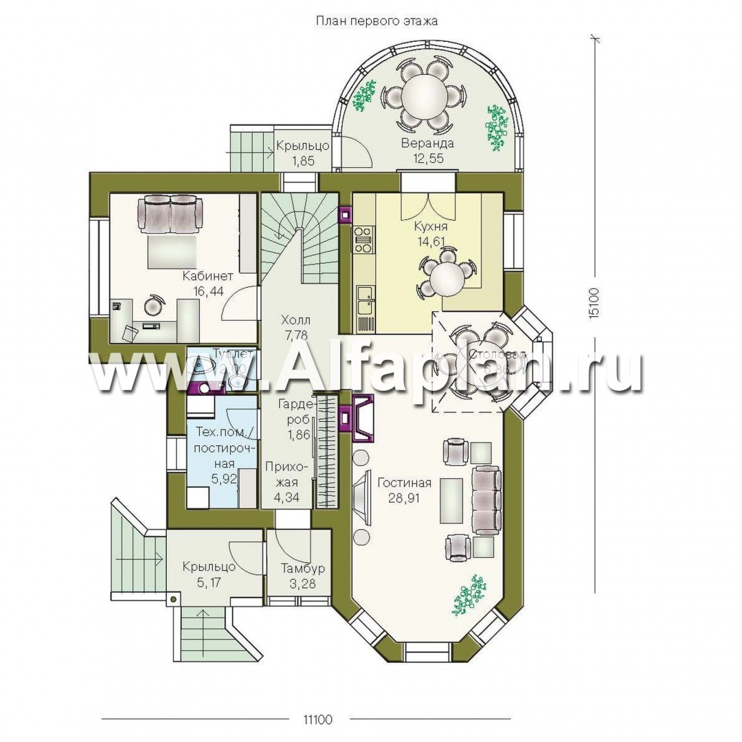 «Романтика» -  проект дома с мансардой, с  полукруглой верандой, второй свет в столовой - план дома