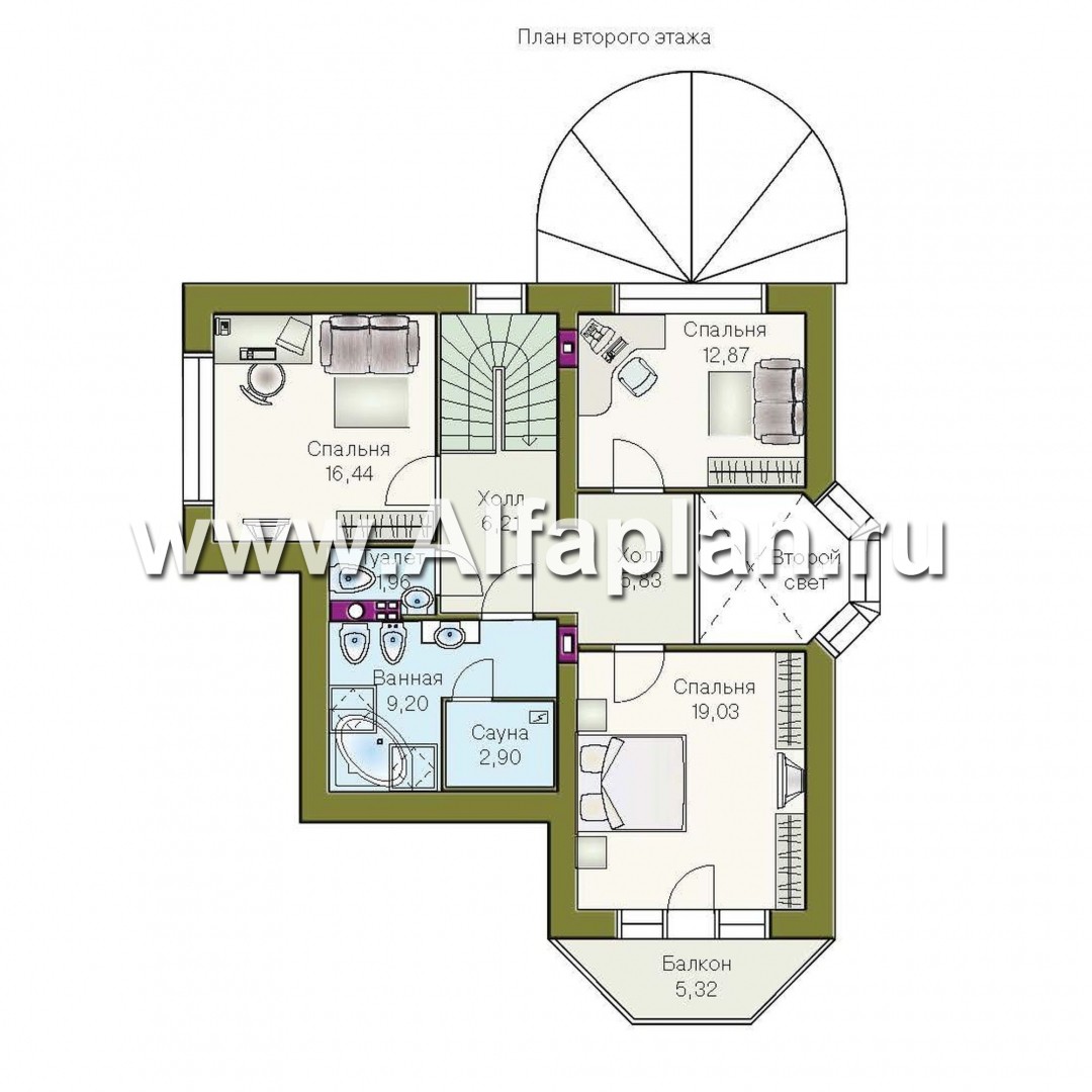«Романтика» -  проект дома с мансардой, с  полукруглой верандой, второй свет в столовой - план дома