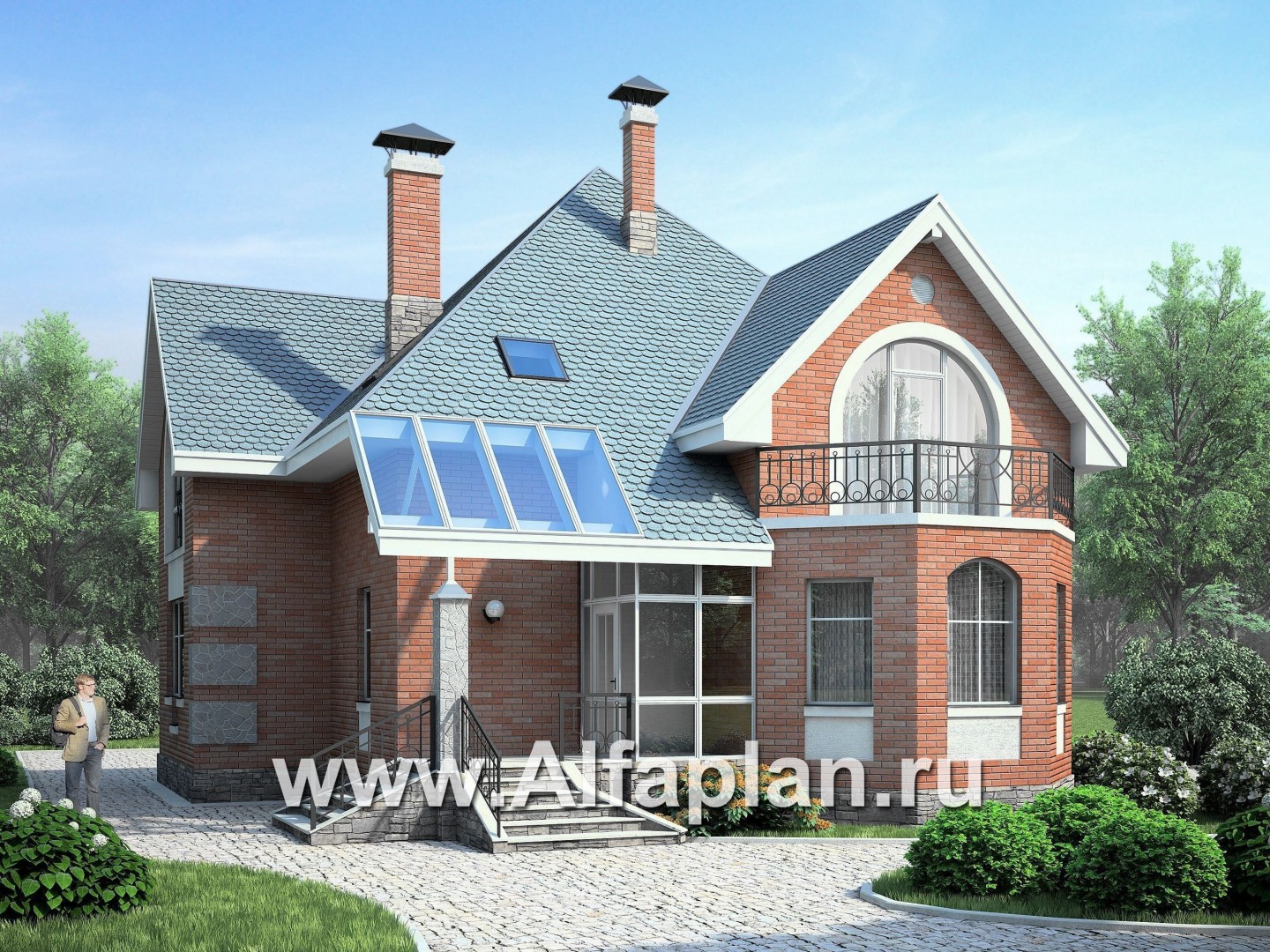 «Романтика» -  проект дома с мансардой, с  полукруглой верандой, второй свет в столовой - дизайн дома №1