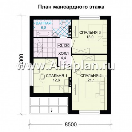 Проект дома с мансардой, 3 спальни, для маленького участка - превью план дома