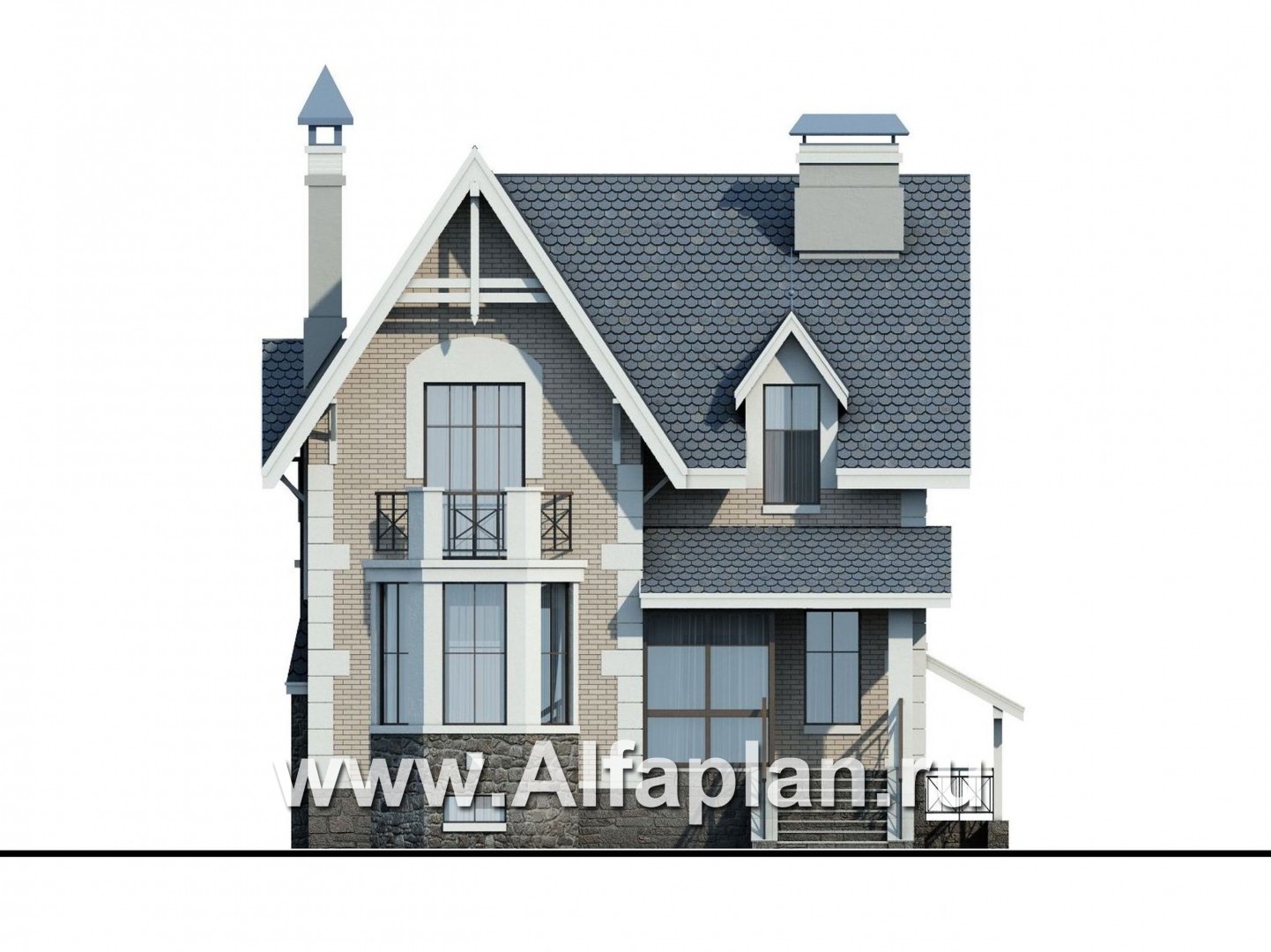 Проекты домов Альфаплан - «Стелла»- проект дома с мансардой, с террасой, с цокольным этажом, в английском стиле - изображение фасада №1