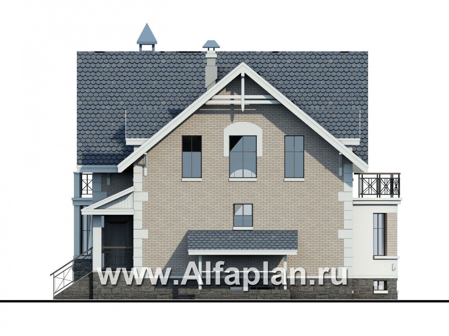 Проекты домов Альфаплан - «Стелла»- проект дома с мансардой, с террасой, с цокольным этажом, в английском стиле - изображение фасада №2