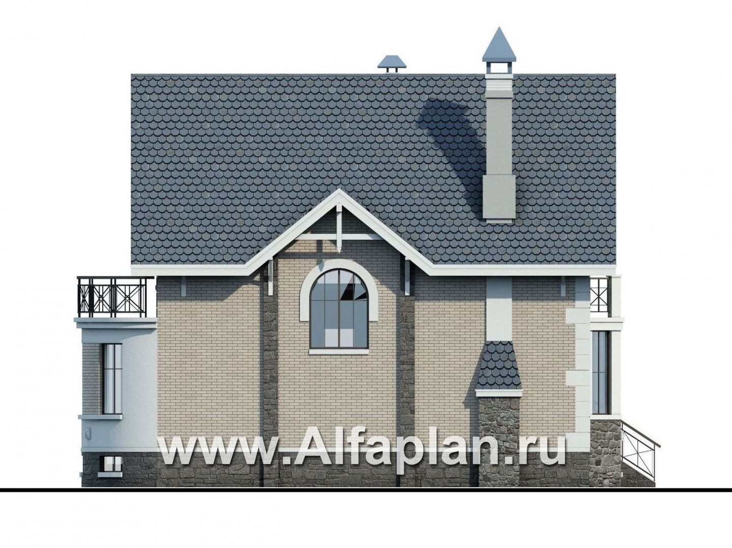Проекты домов Альфаплан - «Стелла»- проект дома с мансардой, с террасой, с цокольным этажом, в английском стиле - изображение фасада №3