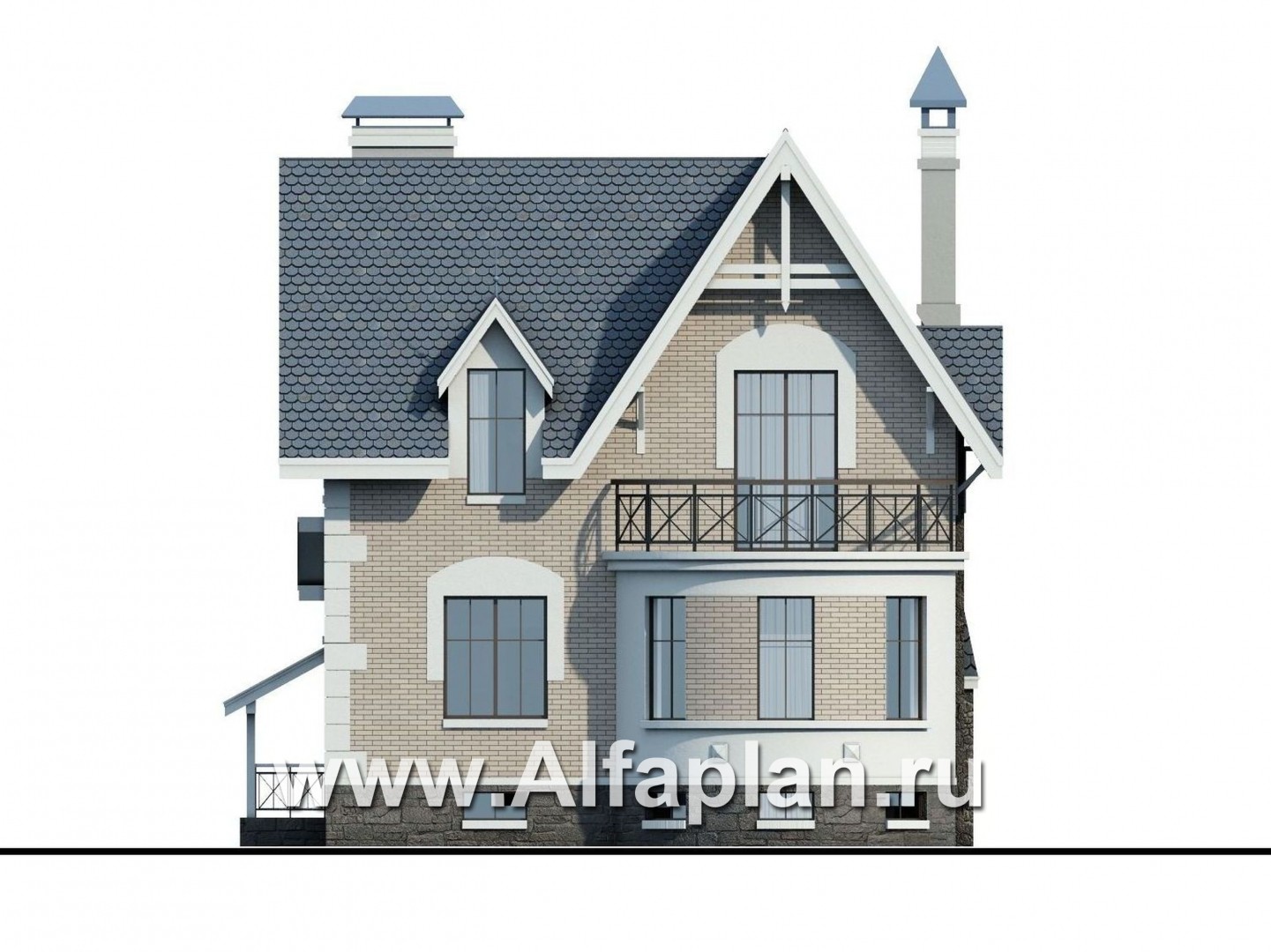 Проекты домов Альфаплан - «Стелла»- проект дома с мансардой, с террасой, с цокольным этажом, в английском стиле - изображение фасада №4