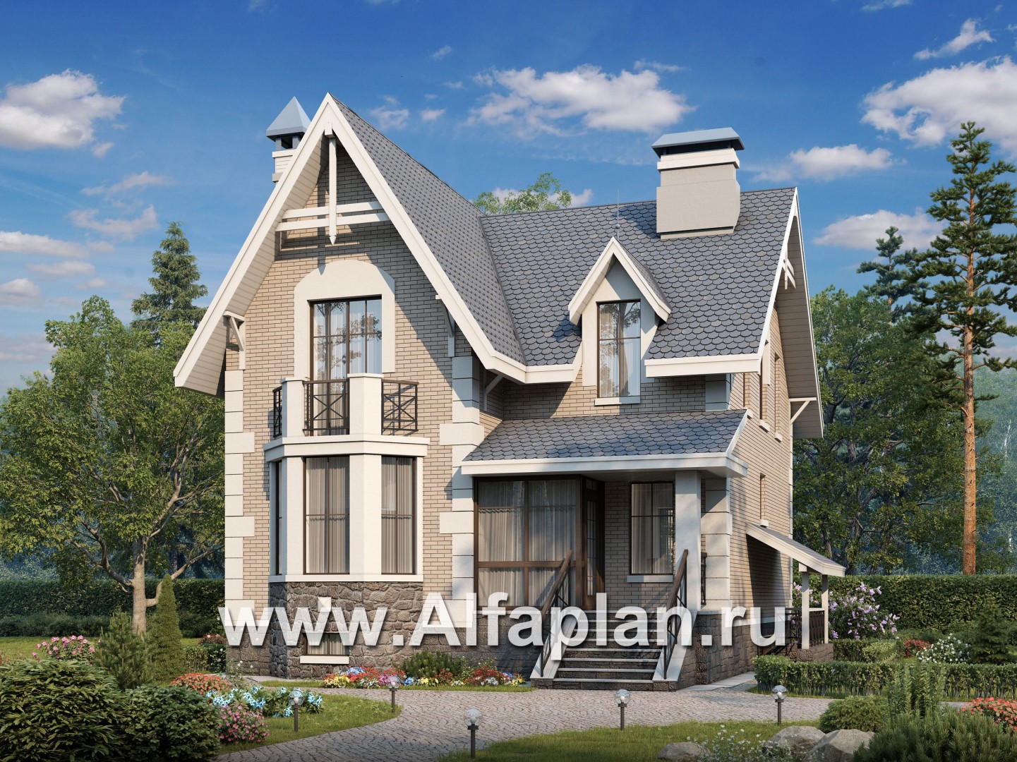 Проекты домов Альфаплан - «Стелла»- проект дома с мансардой, с террасой, с цокольным этажом, в английском стиле - основное изображение