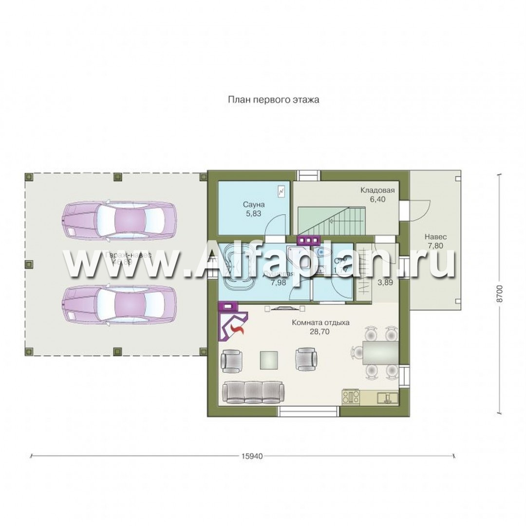 Проекты домов Альфаплан - Дом для отдыха с навесом для машин - изображение плана проекта №1
