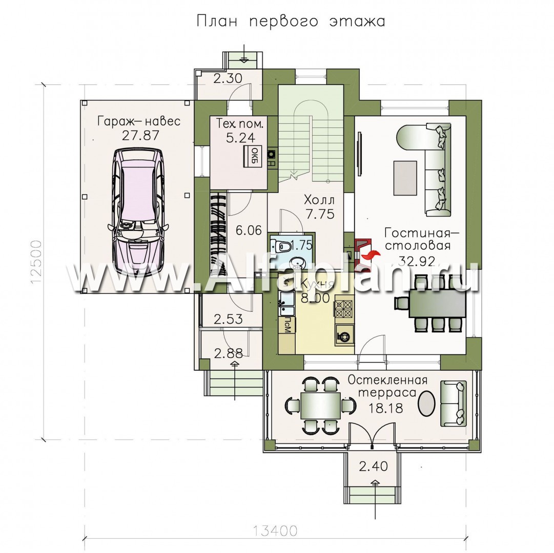 Проекты домов Альфаплан - «Арматор»- современный дом с террасой, лоджией и навесом для авто. - план проекта №1