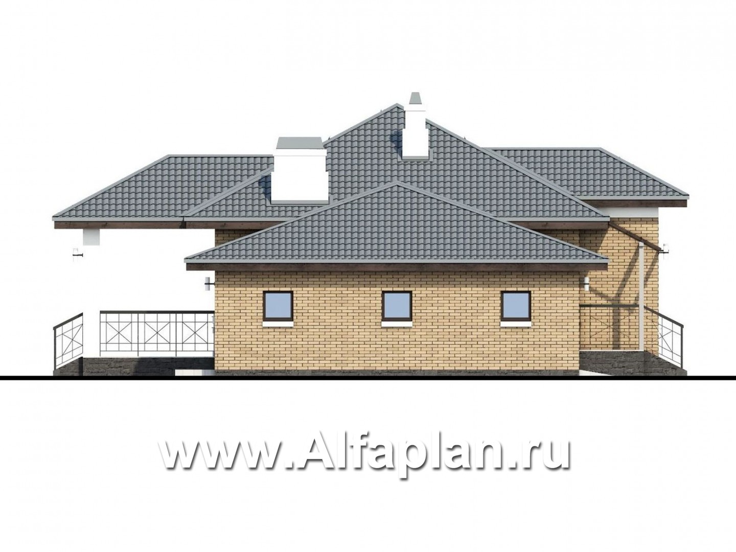 «Княженика» - проект одноэтажного дома, с террасой, планировка 2 спальни и сауна, гараж на 1 авто, для небольшой семьи - фасад дома