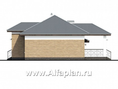 «Княженика» - проект одноэтажного дома, с террасой, планировка 2 спальни и сауна, гараж на 1 авто, для небольшой семьи - превью фасада дома