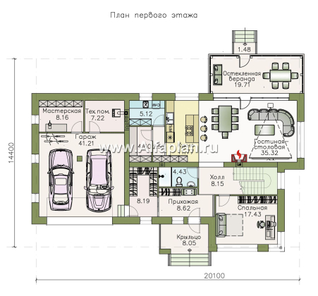 Проекты домов Альфаплан - «Прайд» - современный коттедж с остекленной верандой и гаражом - превью плана проекта №1