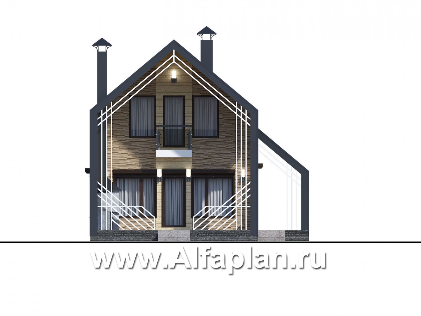 «Омега» - проект двухэтажного каркасного коттеджа, с террасой и барбекю, план дома с 5-ю спальнями - фасад дома