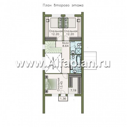 «Омега» - проект двухэтажного каркасного коттеджа, с террасой и барбекю, план дома с 5-ю спальнями - превью план дома