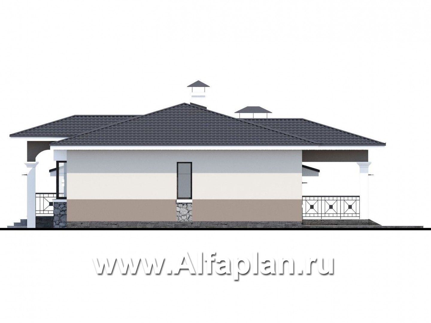 «Новый свет» - проект одноэтажного дома с эркером и с террасой, с гаражом, для небольшой семьи - фасад дома