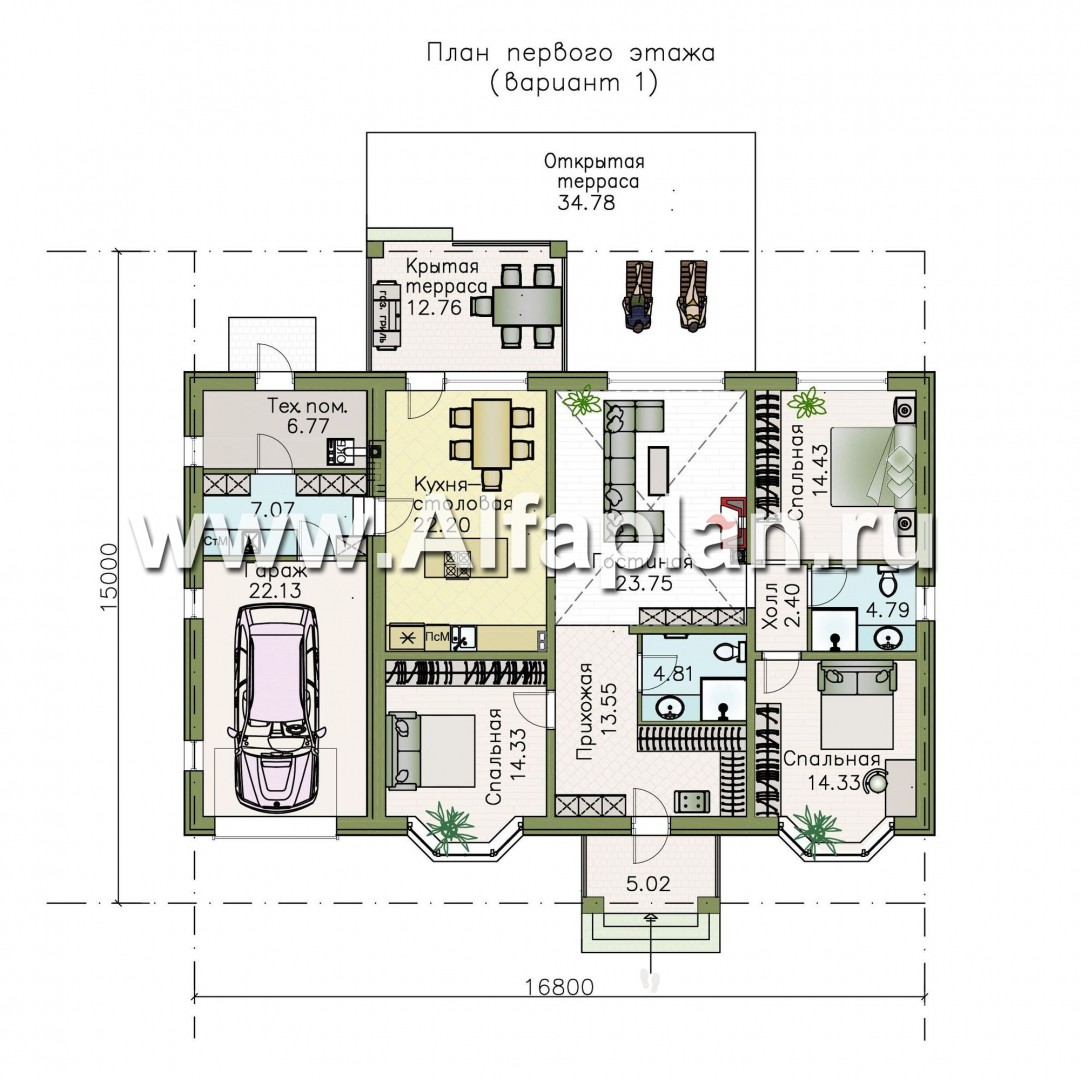 «Новый свет» - проект одноэтажного дома с эркером и с террасой, с гаражом, для небольшой семьи - план дома