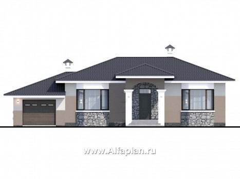 «Новый свет» - проект одноэтажного дома с эркером и с террасой, с гаражом, для небольшой семьи - превью фасада дома