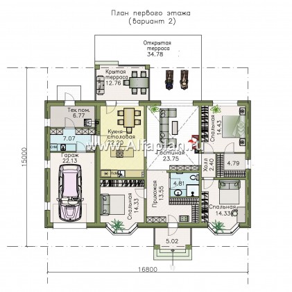 «Новый свет» - проект одноэтажного дома с эркером и с террасой, с гаражом, для небольшой семьи - превью план дома
