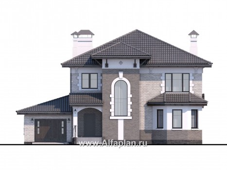 Проекты домов Альфаплан - «Амадей» - изысканный комфортный коттедж с гаражом - превью фасада №1