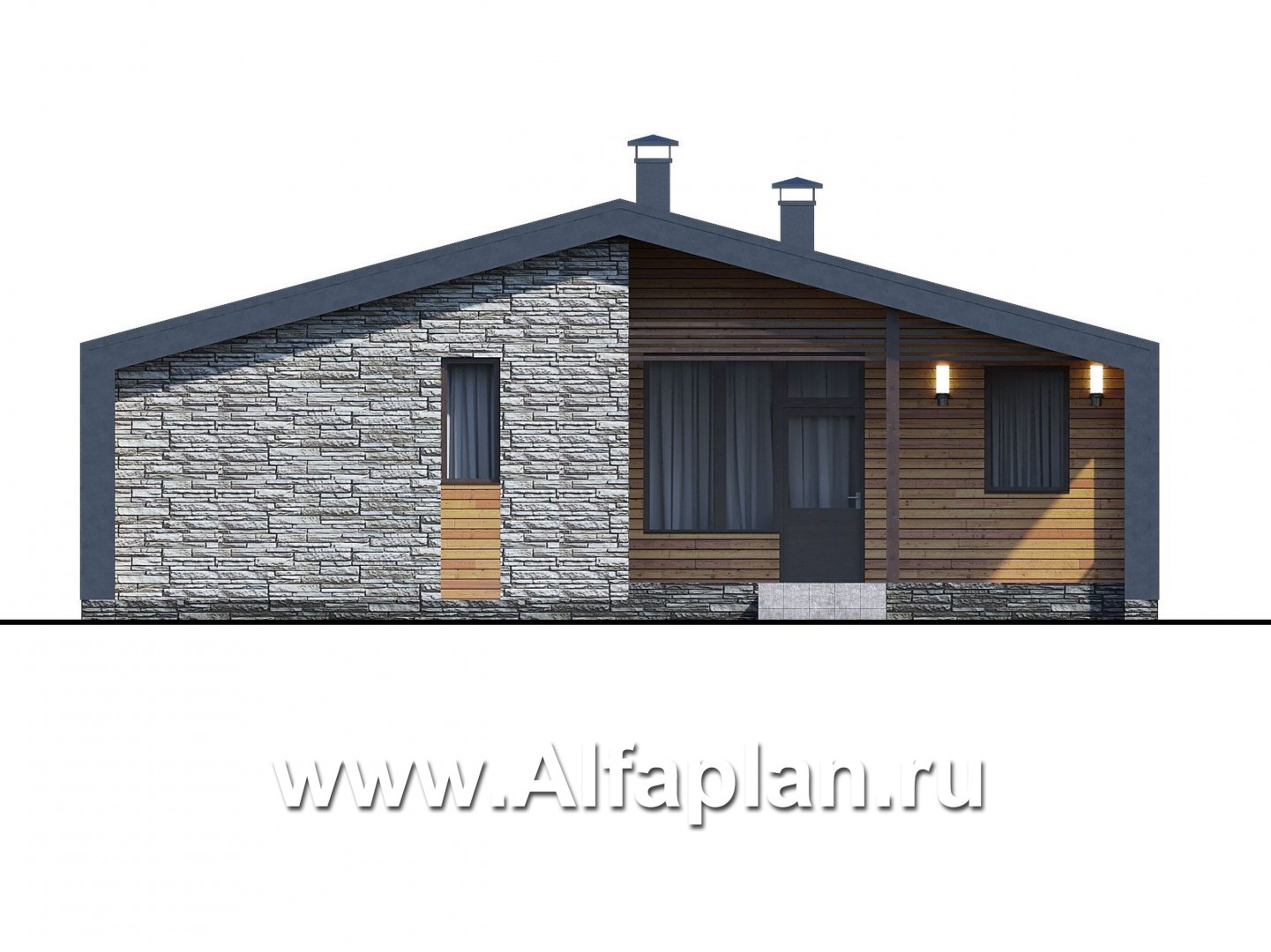 «Альфа» - проект одноэтажного каркасного дома, с сауной и с террасой, в стиле барнхаус - фасад дома