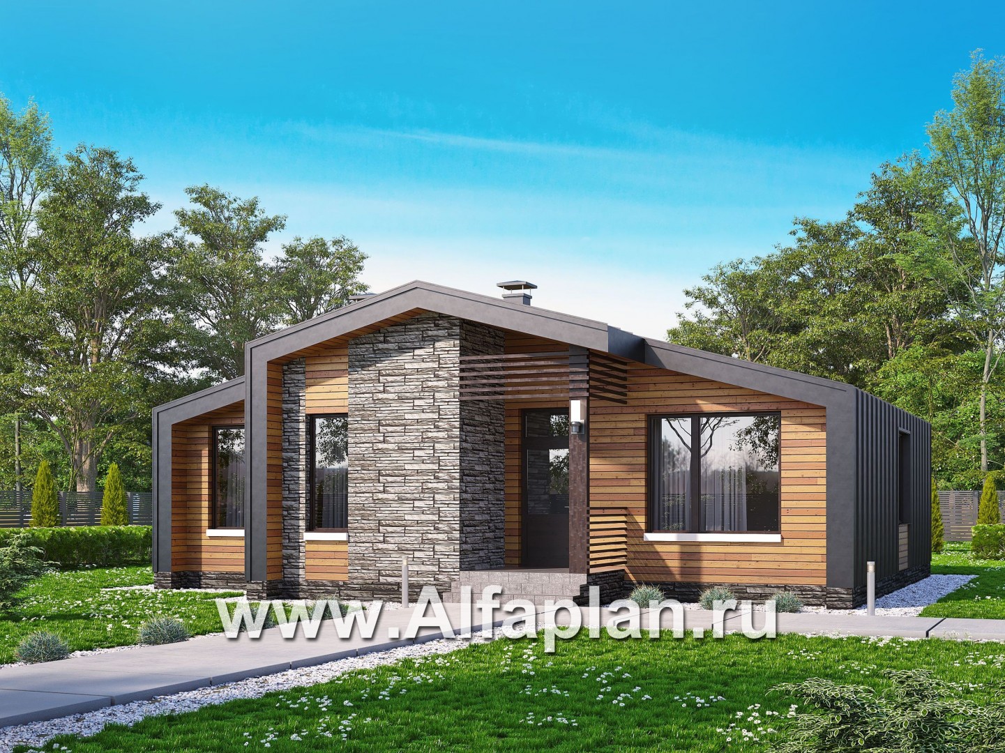 «Альфа» - проект одноэтажного каркасного дома, с сауной и с террасой, в стиле барнхаус - основное изображение