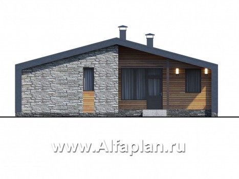 «Альфа» - проект одноэтажного каркасного дома, с сауной и с террасой, в стиле барнхаус - превью фасада дома