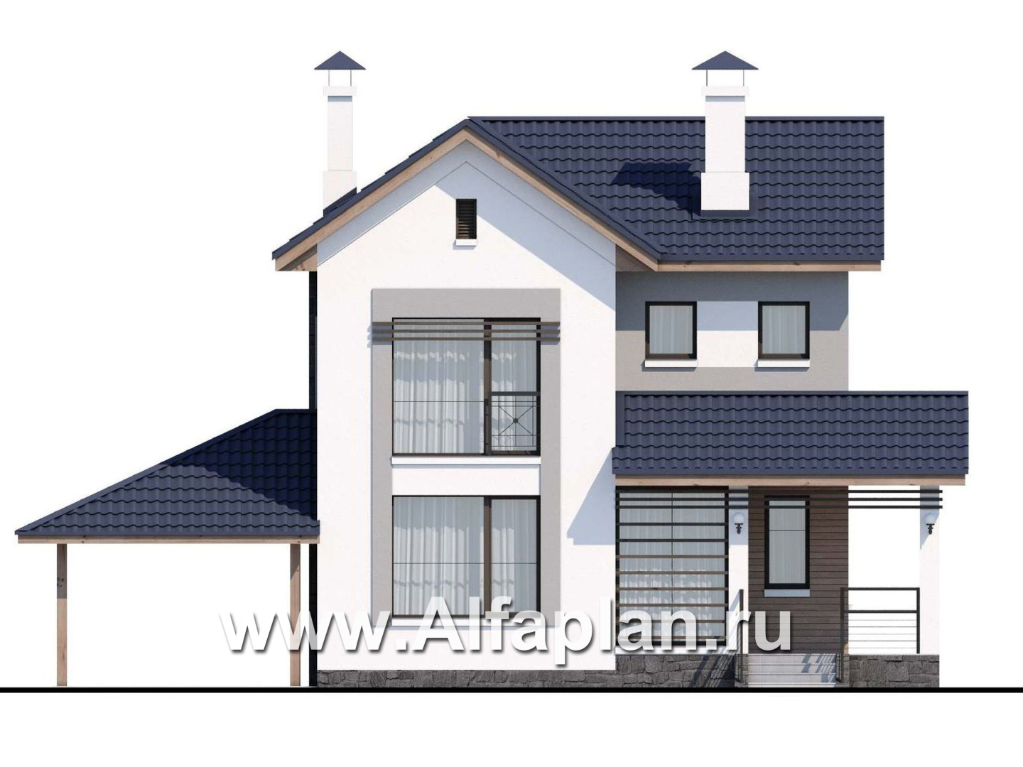 Проекты домов Альфаплан - «Каюткомпания» - проект двухэтажного дома для небольшой семьи, с навесом для авто - изображение фасада №1
