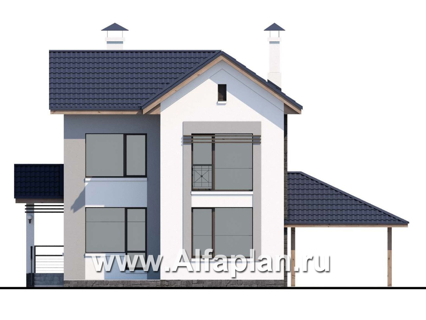 Проекты домов Альфаплан - «Каюткомпания» - проект двухэтажного дома для небольшой семьи, с навесом для авто - изображение фасада №4
