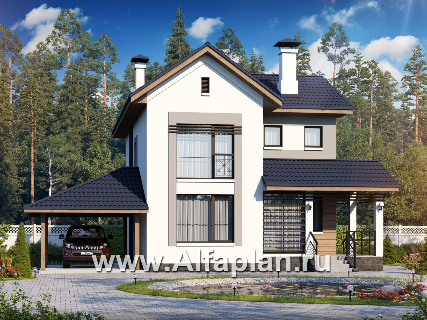 Проекты домов Альфаплан - «Каюткомпания» - проект двухэтажного дома для небольшой семьи, с навесом для авто - основное изображение