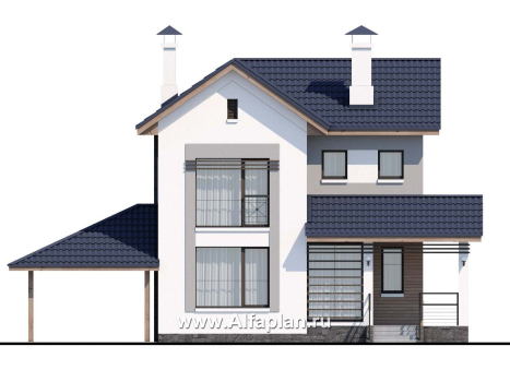 Проекты домов Альфаплан - «Каюткомпания» - проект двухэтажного дома для небольшой семьи, с навесом для авто - превью фасада №1