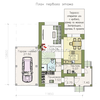 Проекты домов Альфаплан - «Каюткомпания» - проект двухэтажного дома для небольшой семьи, с навесом для авто - превью плана проекта №1