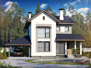 Проекты домов Альфаплан - «Каюткомпания» - проект двухэтажного дома для небольшой семьи, с навесом для авто - превью основного изображения