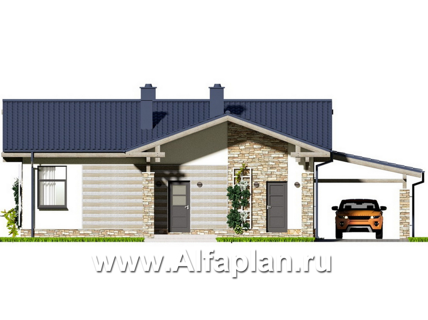 Проект одноэтажного дома,  1 спальня, дача, c навесом на 1 авто - фасад дома