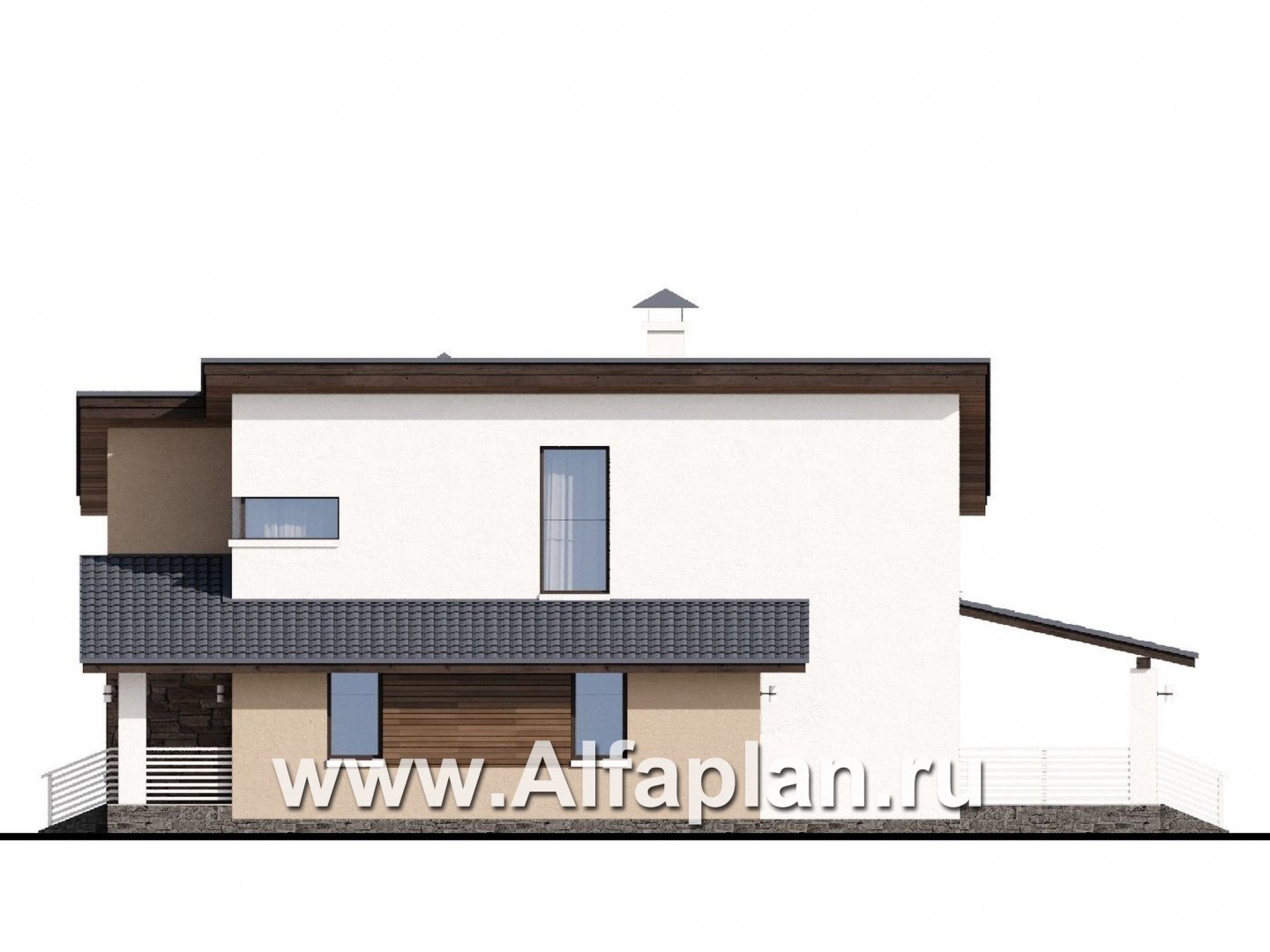 «Западный бриз» - проект двухэтажного дома, планировка с кабинетом на 1 эт, с террасой и сауной, с односкатной крышей в стиле хай-тек - фасад дома