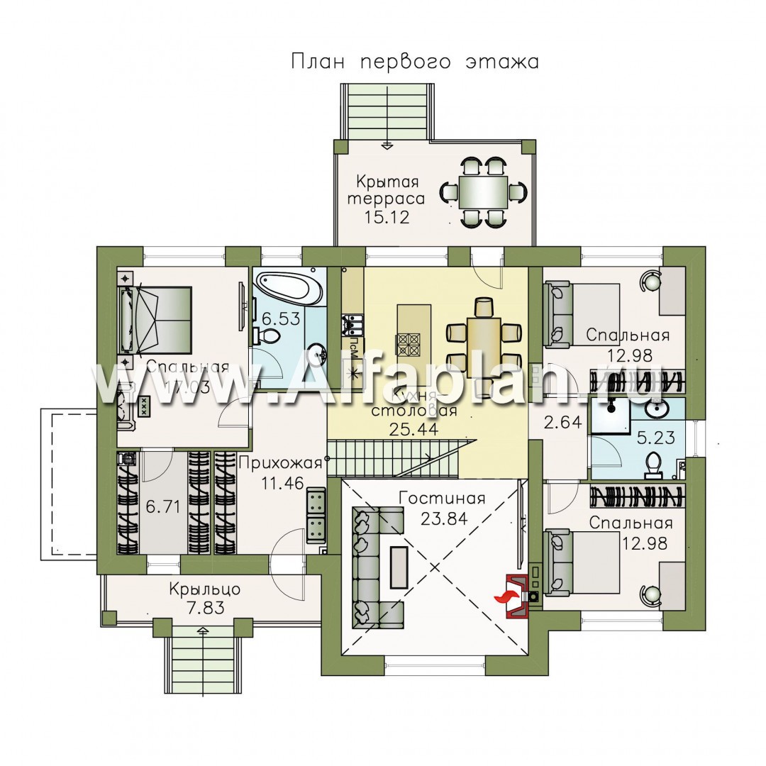 Проекты домов Альфаплан - «Волга» - коттедж с цоколем, тремя жилыми комнатами на 1 этаже и жилой мансардой - план проекта №2