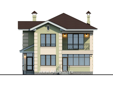 «Знаменка» — проект двухэтажного дома из газобетона, планировка с террасой и с балконом со стороны входа - превью фасада дома
