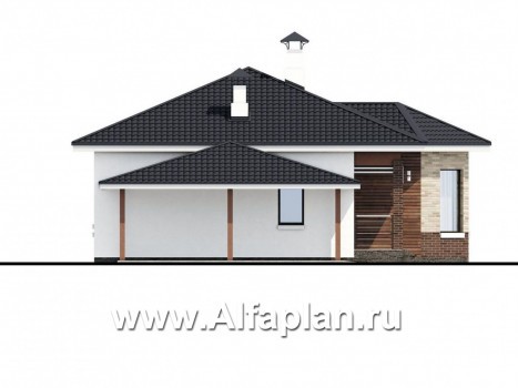 Проекты домов Альфаплан - «Гемера» - стильный одноэтажный дом с эркером и гаражом-навесом - превью фасада №3