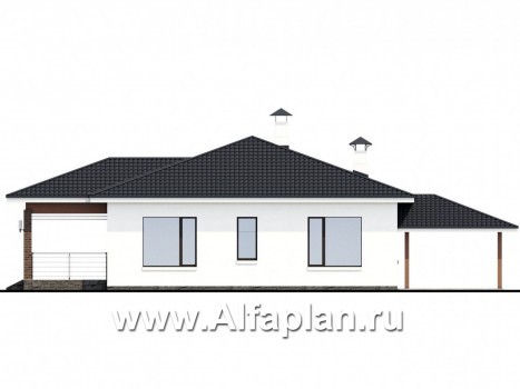 Проекты домов Альфаплан - «Гемера» - стильный одноэтажный дом с эркером и гаражом-навесом - превью фасада №4