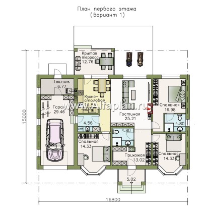 «Новый свет» - проект одноэтажного дома с эркером и с гаражом, для небольшой семьи - превью план дома