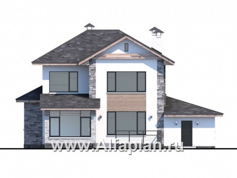 Проекты домов Альфаплан - «Снежная страна» - изящный коттедж с террасами и гаражом - превью фасада №4