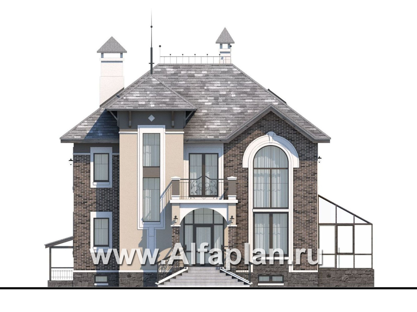 Проекты домов Альфаплан - «Разумовский» - проект двухэтажного дома, с террасой, со вторым светом, с цокольным этажом - изображение фасада №1