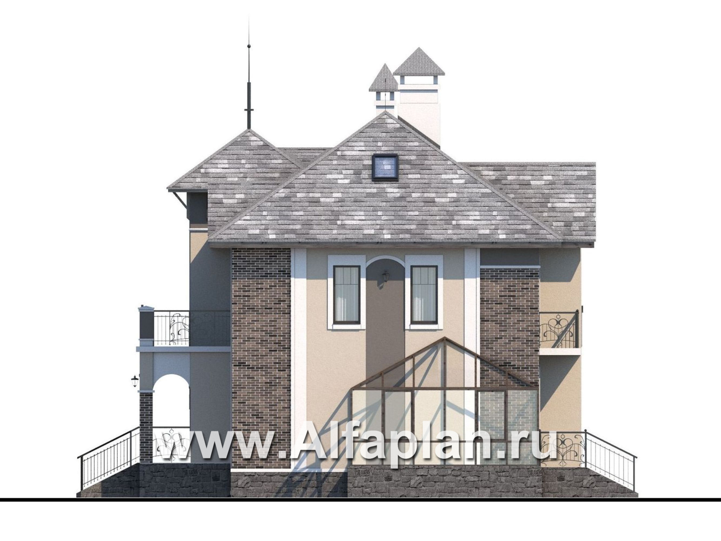 Проекты домов Альфаплан - «Разумовский» - проект двухэтажного дома, с террасой, со вторым светом, с цокольным этажом - изображение фасада №2