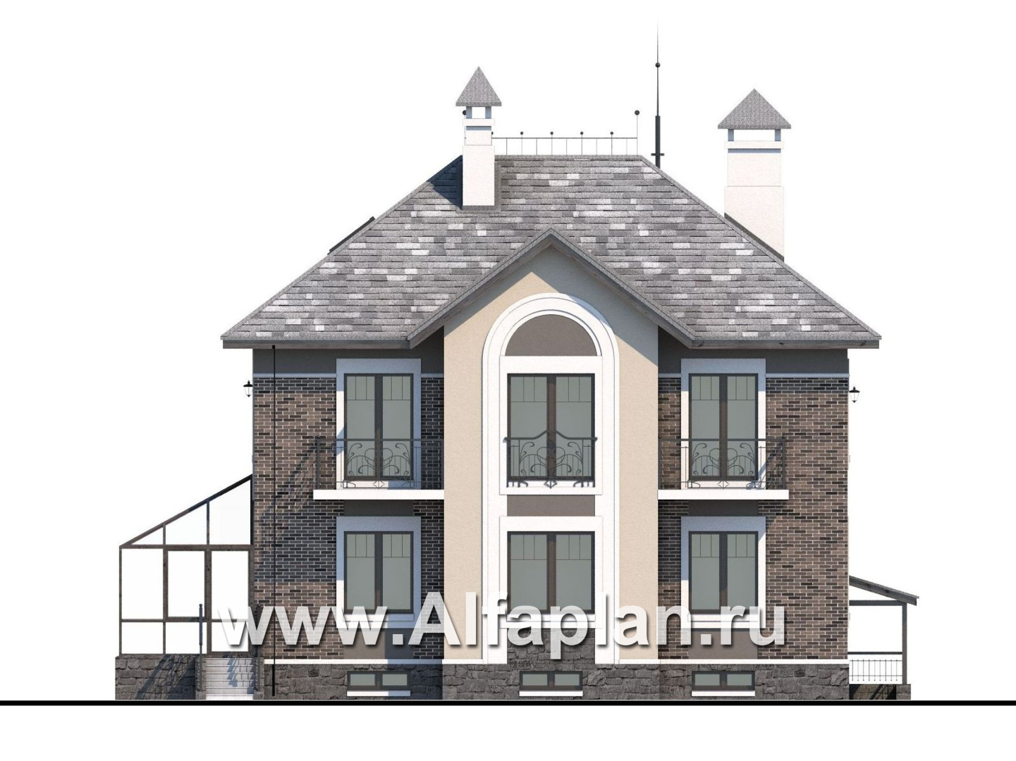Проекты домов Альфаплан - «Разумовский» - проект двухэтажного дома, с террасой, со вторым светом, с цокольным этажом - изображение фасада №4